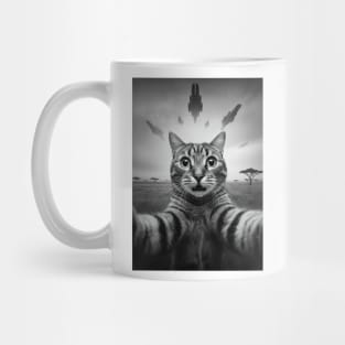 Selfie of Funny Cat And Aliens UFOs in African Savanna #3 Mug